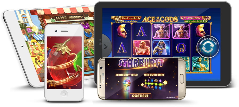 Dispositivos móviles con tragaperras de otros proveedores de casino online en las pantallas.
