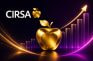 Logotipo de CIRSA junto a una gráfica ascendente y manzanas doradas sobre fondo oscuro.
